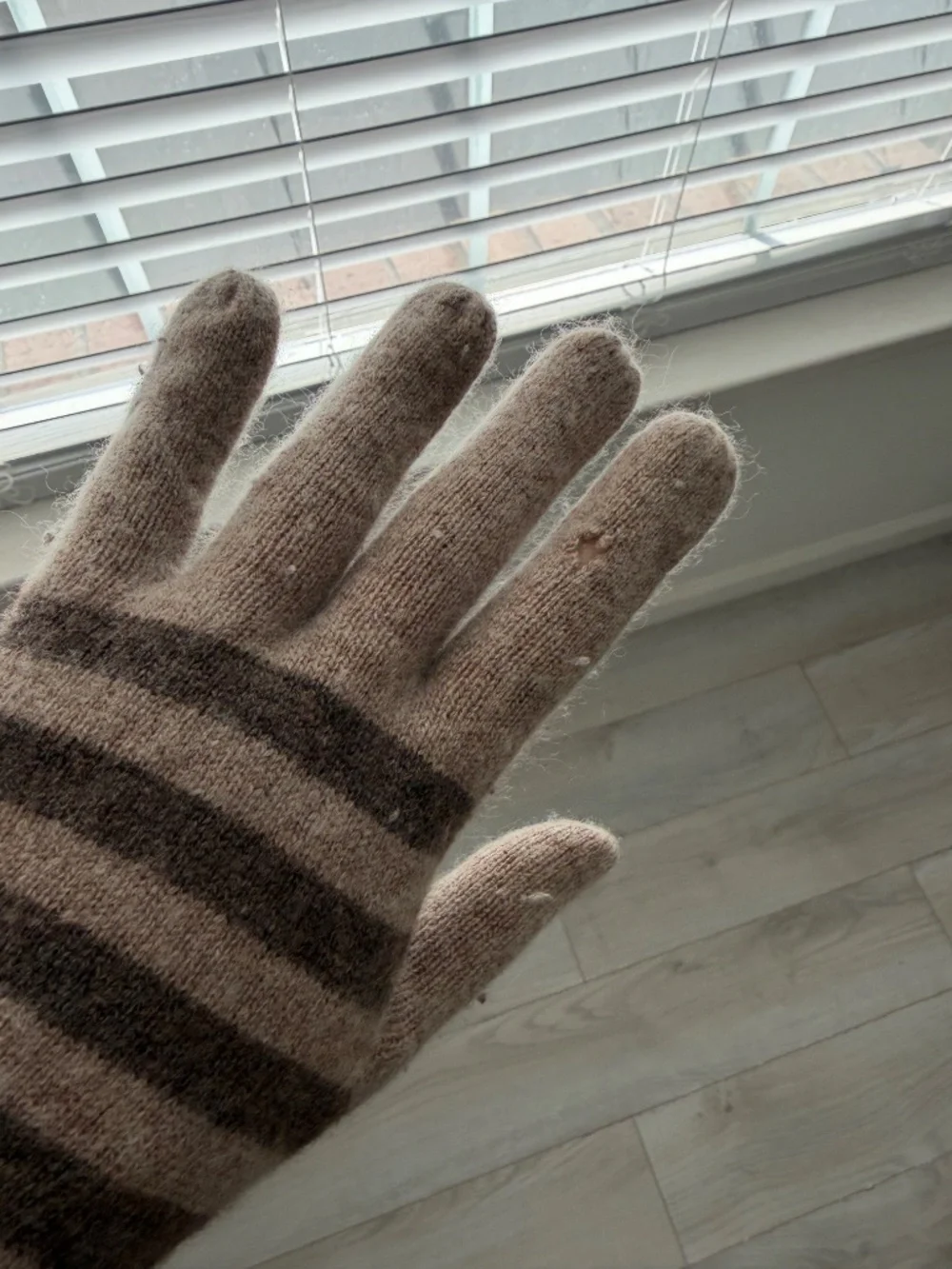 Brown Striped Elbow Length Wool Cashmere Gloves